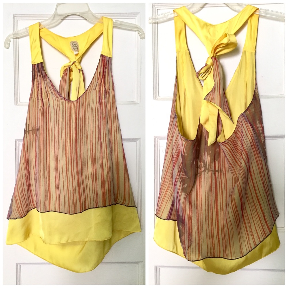 Tea & Honey Yellow Silk Striped Floral Tank XS